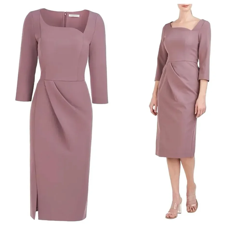 NWT KAY UNGER Size 4 Anya Asymmetric Crepe Midi-Dress - Mink color